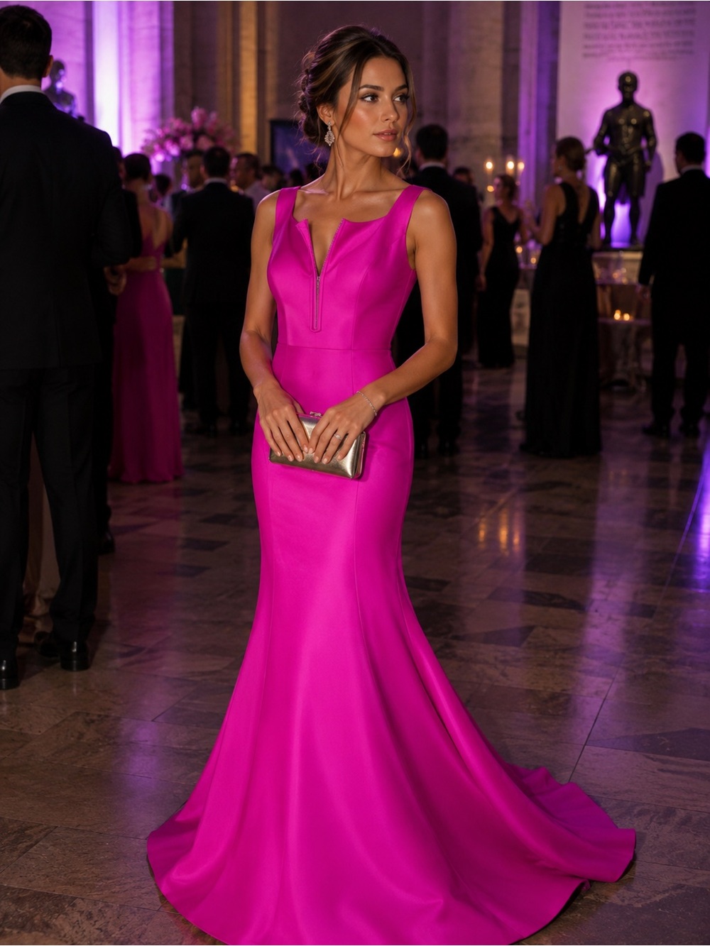 bebe Hot Pink Zip-Front Mermaid Prom Gown